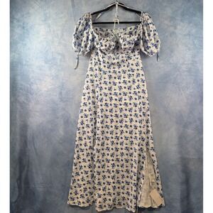 Kutumai Women Blue Floral Puff Sleeve Maxi Dress Sweetheart Neck Side Slit S